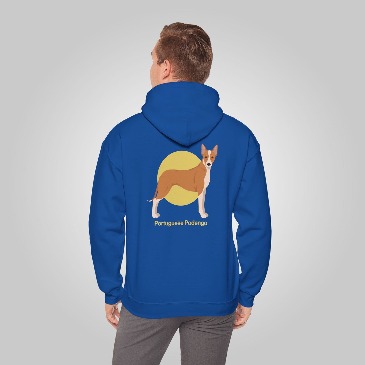 Man wearing blue Portuguese Podengo unisex hoodie with dog graphic and text on the back