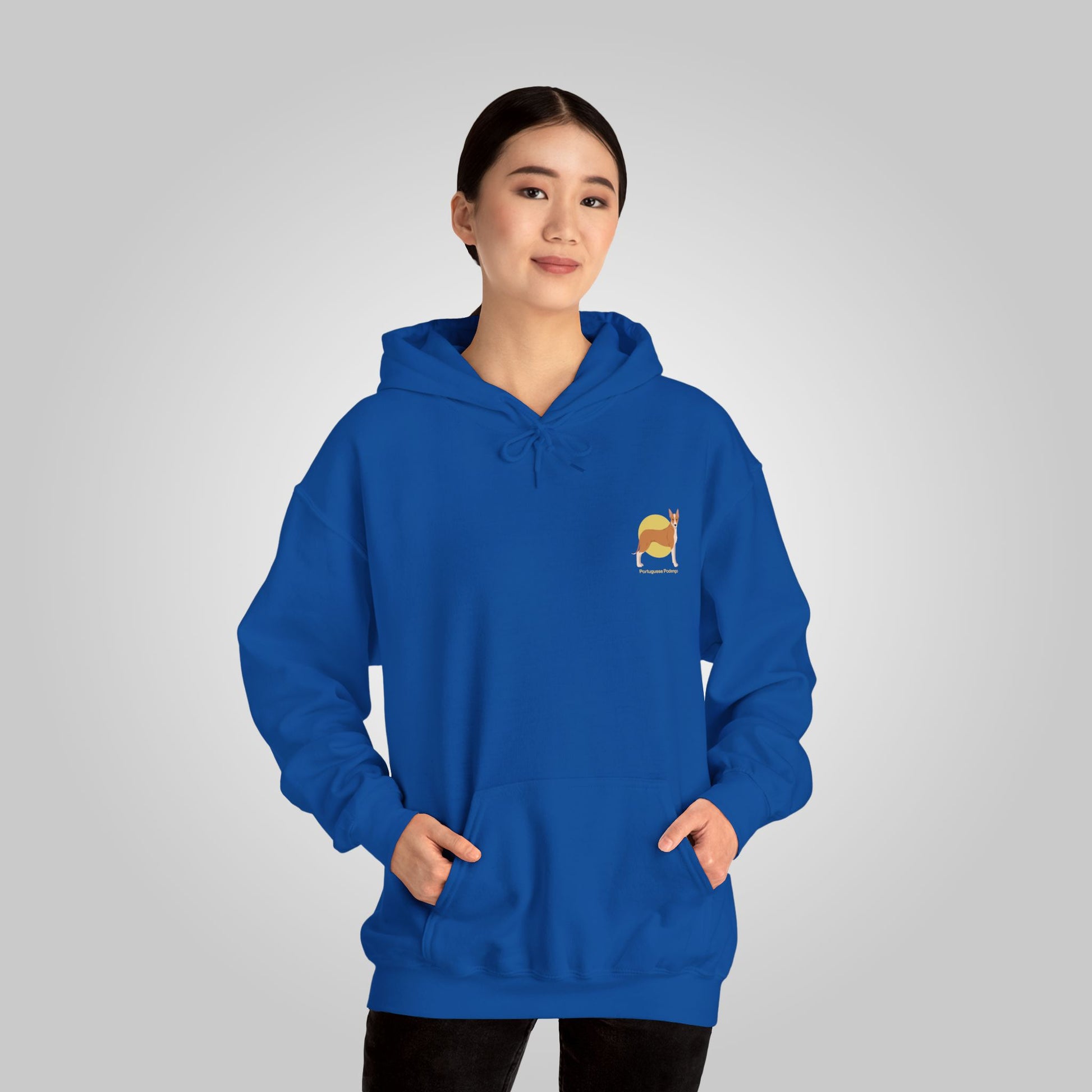 Woman wearing Portuguese Podengo dog design blue hoodie, casual style with hood and front pocket