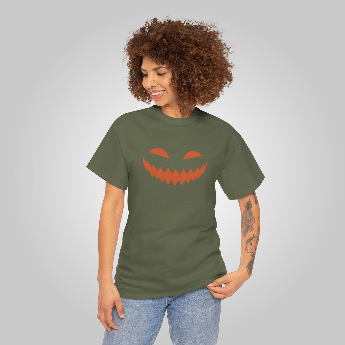 Halloween Pumpkin Smile Unisex Heavy Cotton Tee, Gourd Glow Spooky Smile T-Shirt, Halloween Tee