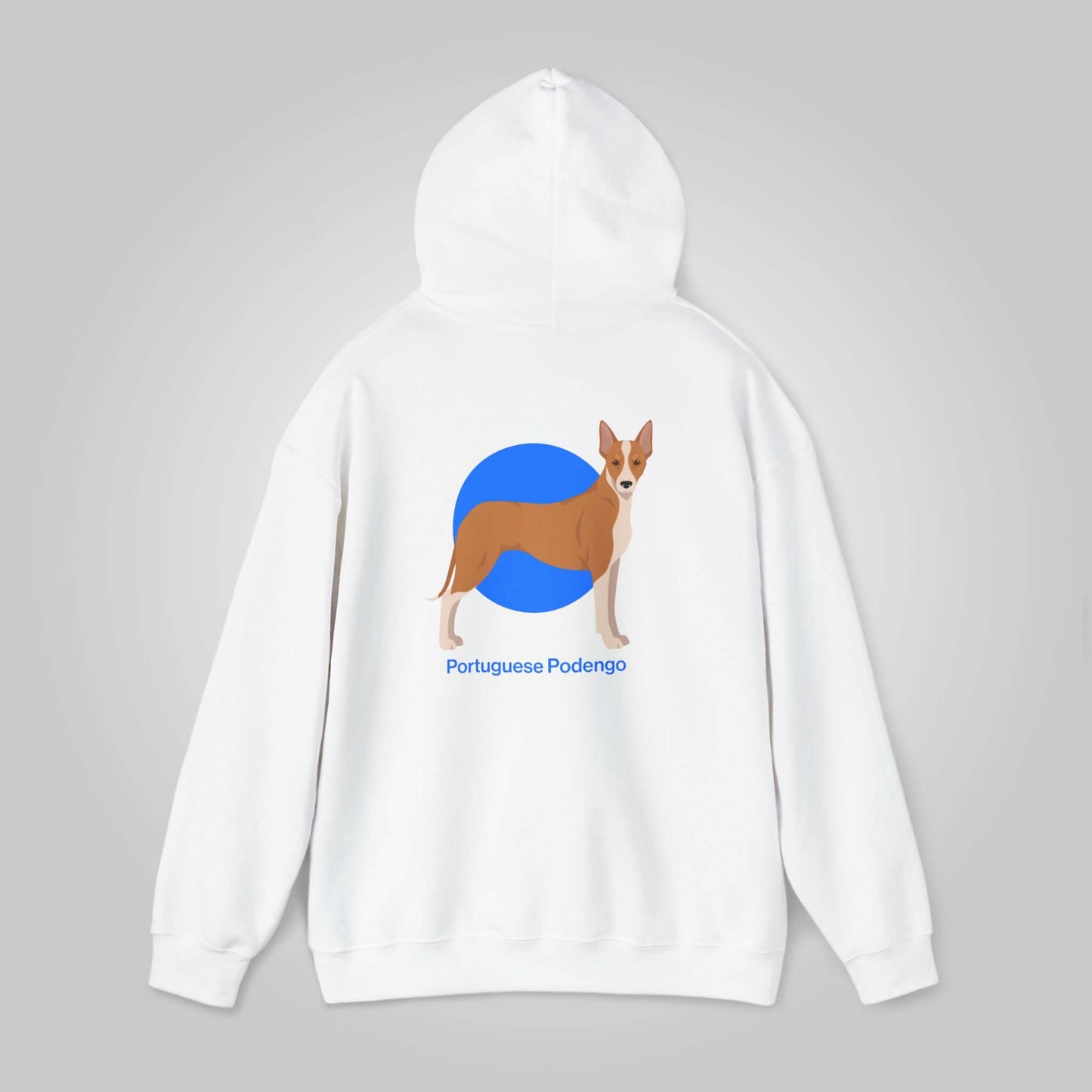 White hooded sweatshirt featuring a graphic of a Portuguese Podengo dog within a blue circle, labeled 'Portuguese Podengo'.