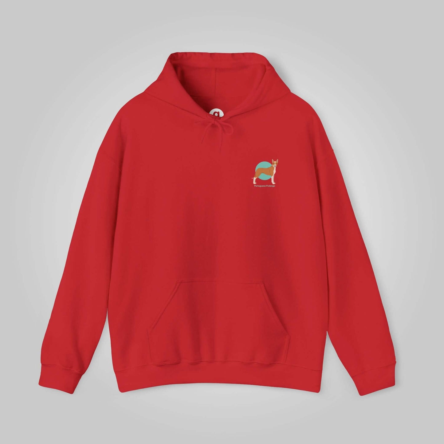 Red Portuguese Podengo hooded sweatshirt with dog emblem on chest