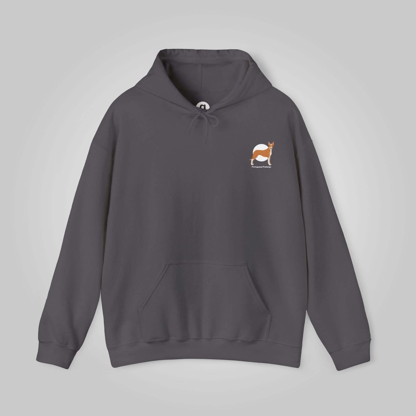 Portuguese Podengo Hoodie in charcoal gray, featuring a small dog graphic on the chest, suitable for unisex wear.