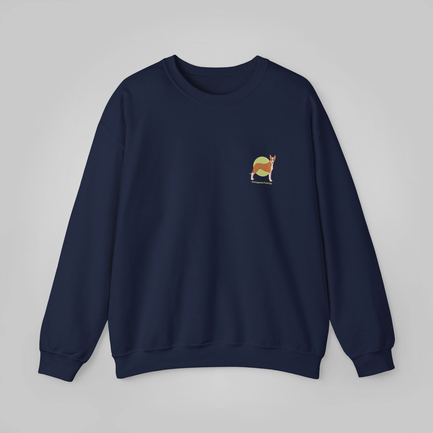 Navy blue crewneck sweatshirt featuring a small embroidered Portuguese Podengo design on the chest.