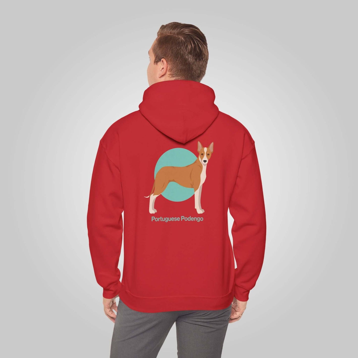 Man wearing Portuguese Podengo unisex hoodie in red, featuring a graphic of a Portuguese Podengo dog on the back.