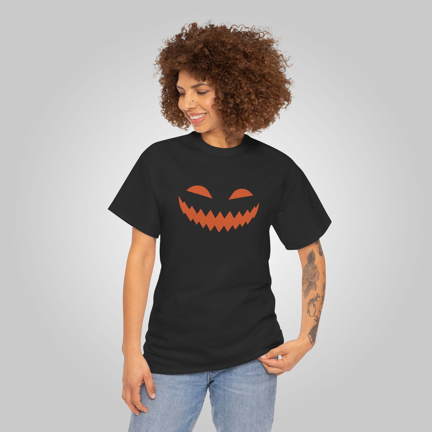 Halloween Pumpkin Smile Unisex Heavy Cotton Tee, Gourd Glow Spooky Smile T-Shirt, Halloween Tee