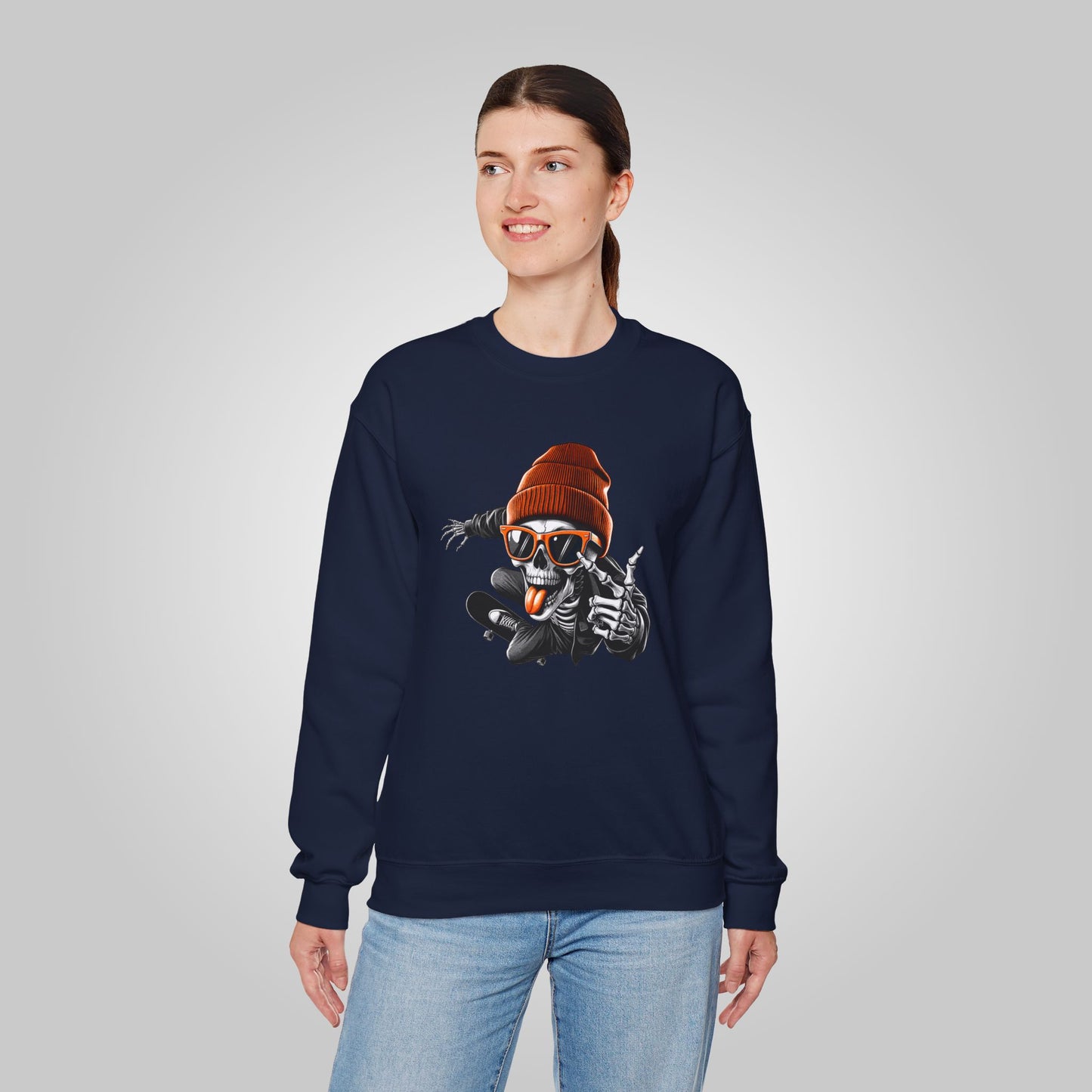 Halloween Skate Bone Unisex Heavy Blend™ Crewneck Sweatshirt, Rollin’ into the Underworld Sweatshirt, Halloween Sweatshirt