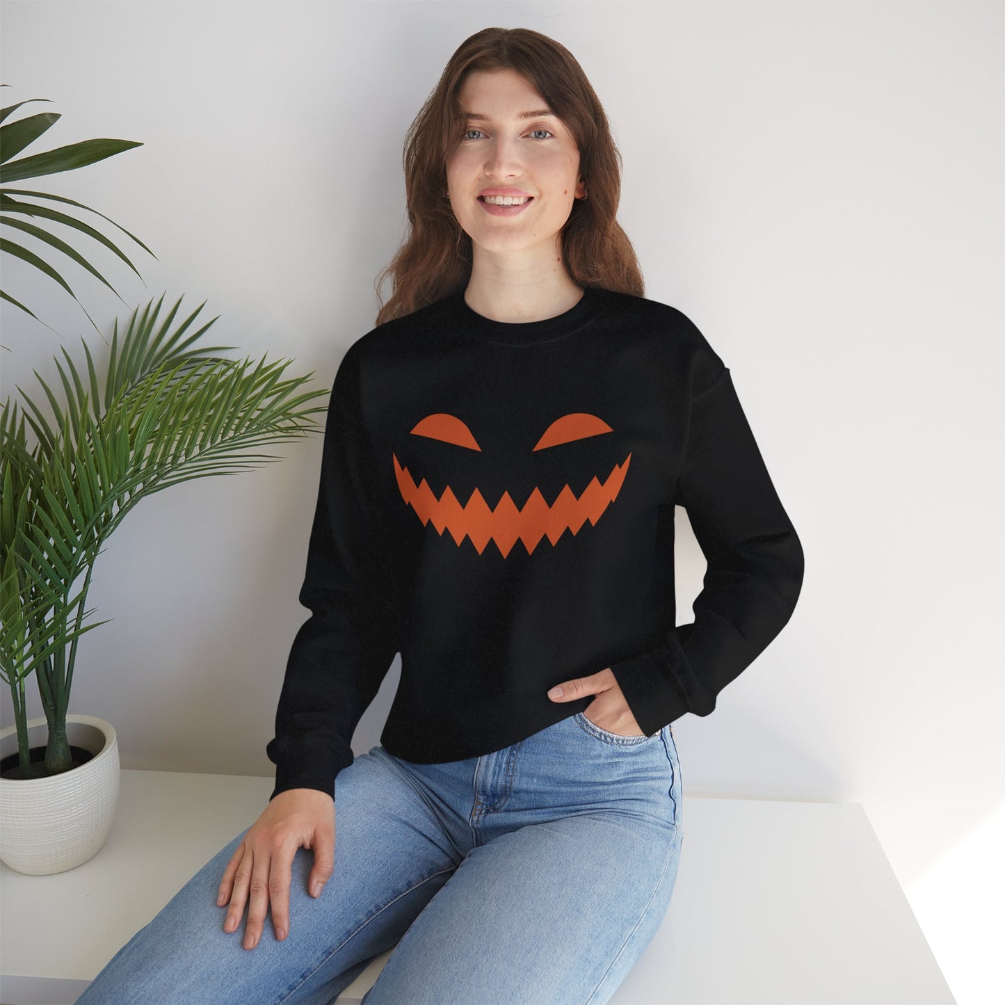 Halloween Pumpkin Smile Unisex Heavy Blend™ Crewneck Sweatshirt, Gourd Glow Spooky Smile Sweatshirt, Halloween Sweatshirt