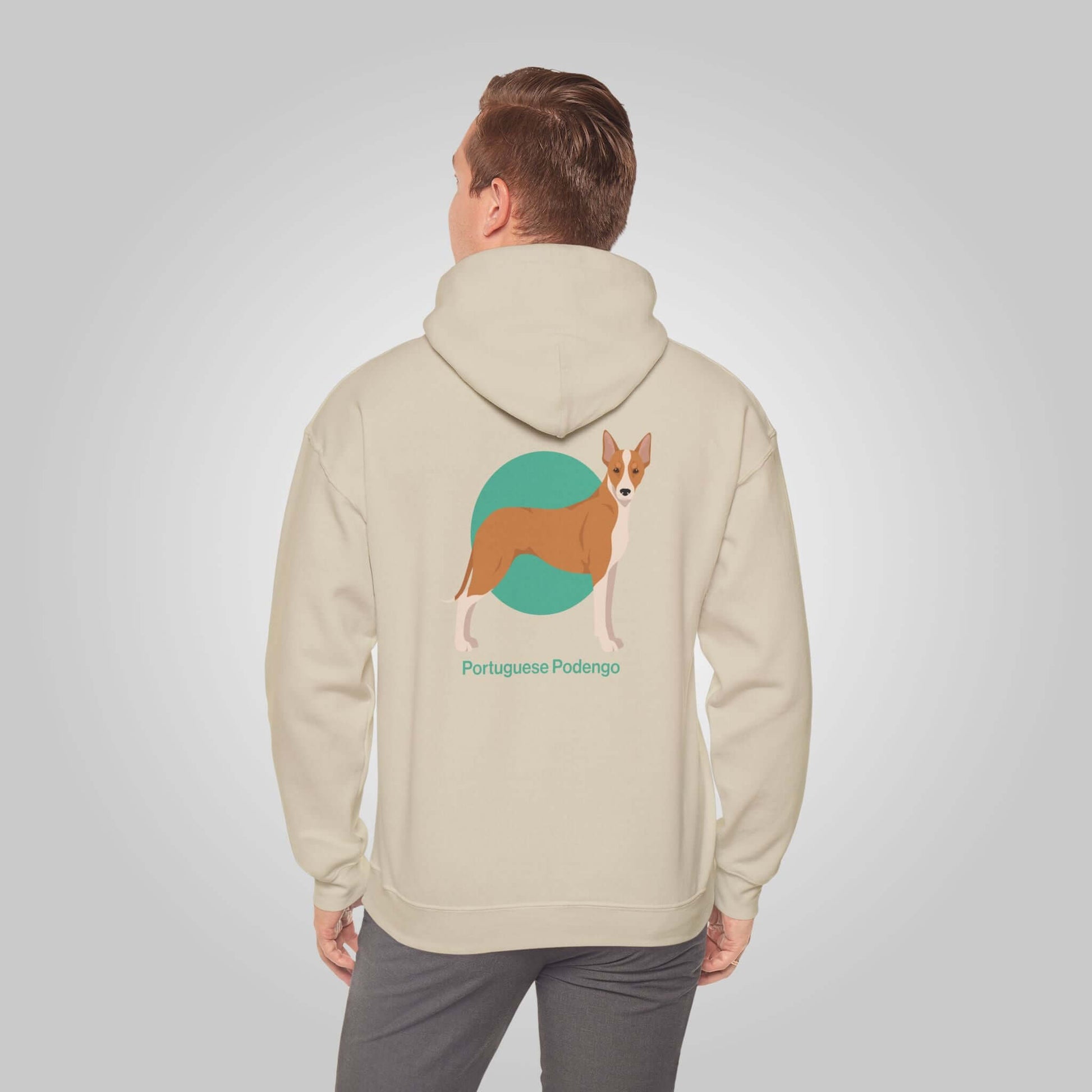 Man wearing Portuguese Podengo Hoodie with graphic design of a dog on the back