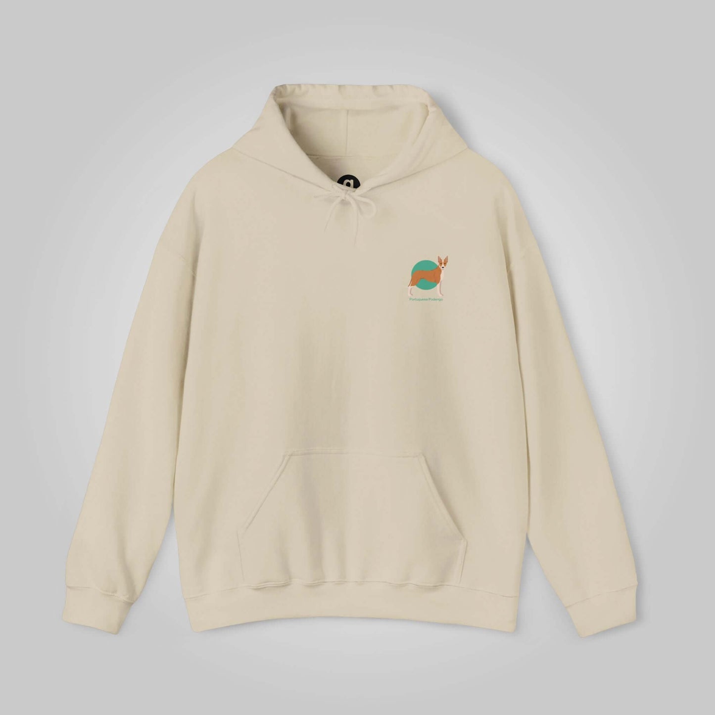 Cream-colored unisex hoodie featuring a small embroidered Portuguese Podengo design on the chest, with front pouch pocket.