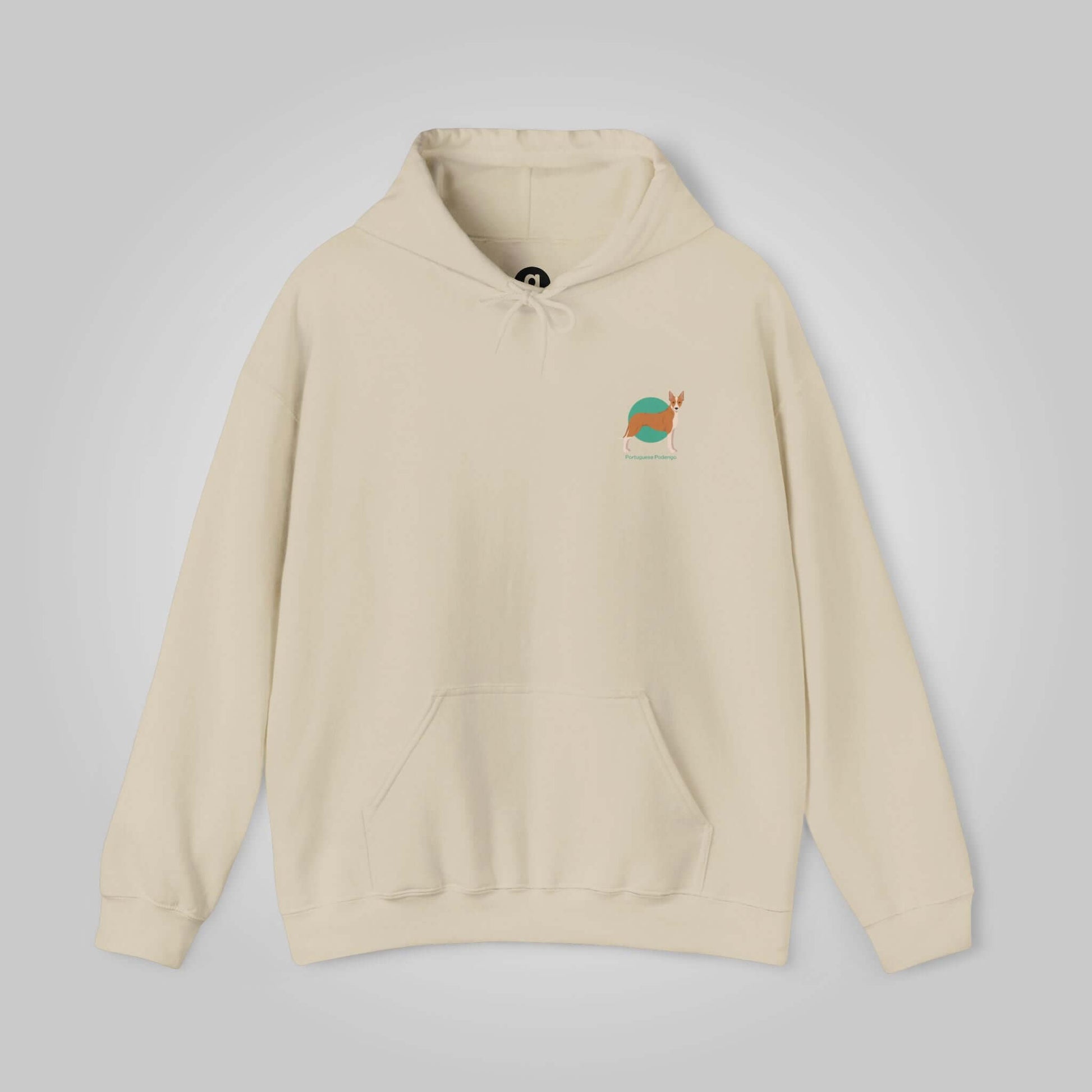 Cream-colored unisex hoodie featuring a small embroidered Portuguese Podengo design on the chest, with front pouch pocket.