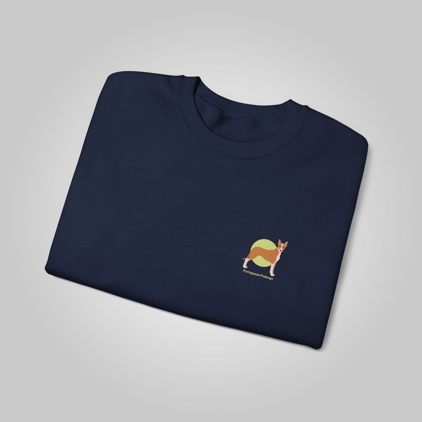 Navy blue crewneck sweatshirt featuring a small graphic of a Portuguese Podengo dog, ideal for dog lovers and casual wear.