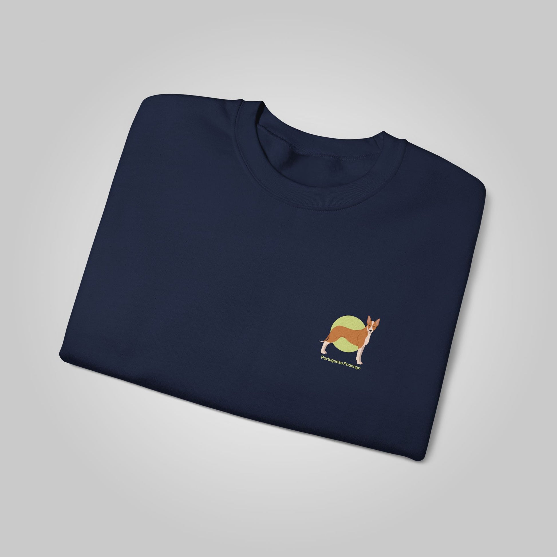 Navy blue crewneck sweatshirt featuring a small graphic of a Portuguese Podengo dog, ideal for dog lovers and casual wear.