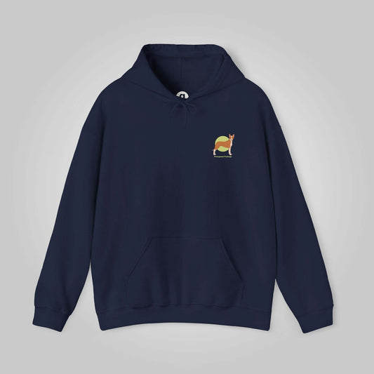 Navy blue unisex hooded sweatshirt featuring a small embroidered Portuguese Podengo design on the chest