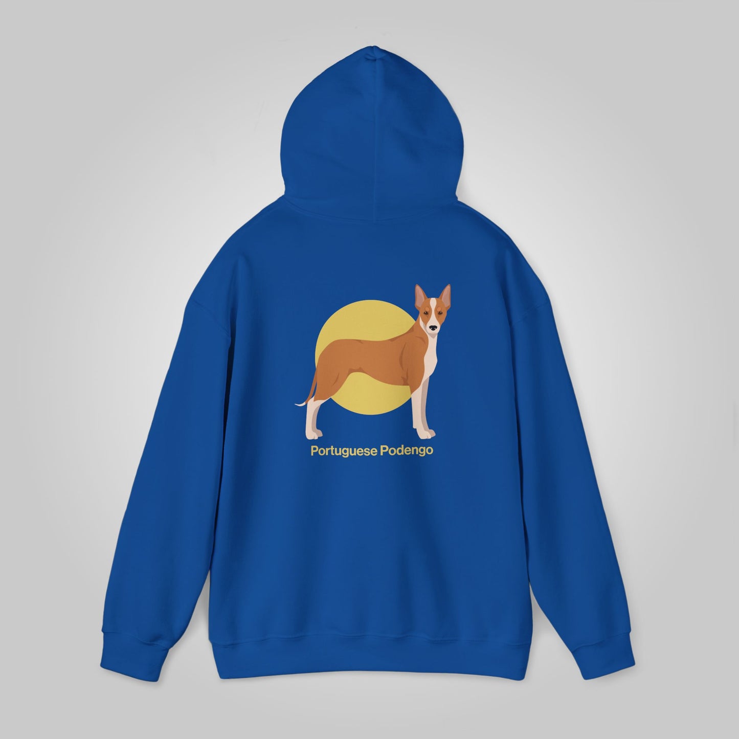 Blue Portuguese Podengo unisex hoodie featuring graphic of a small Podengo dog and text on the back.