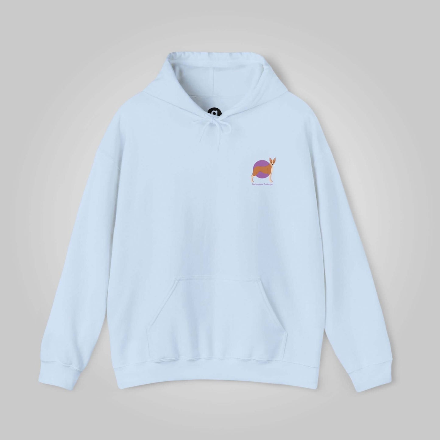 Light blue unisex hooded sweatshirt with embroidered Portuguese Podengo graphic on the chest