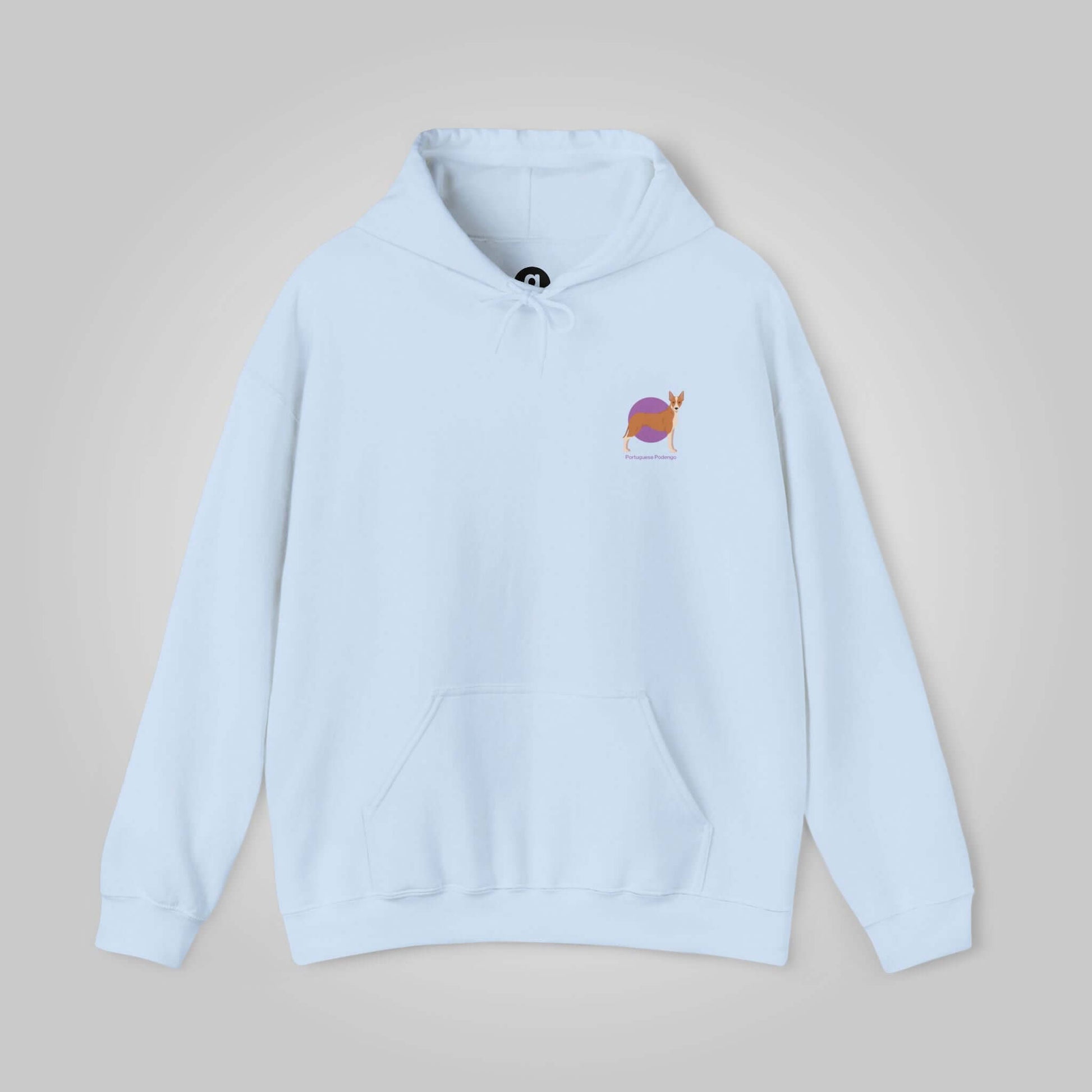 Light blue unisex hooded sweatshirt with embroidered Portuguese Podengo graphic on the chest