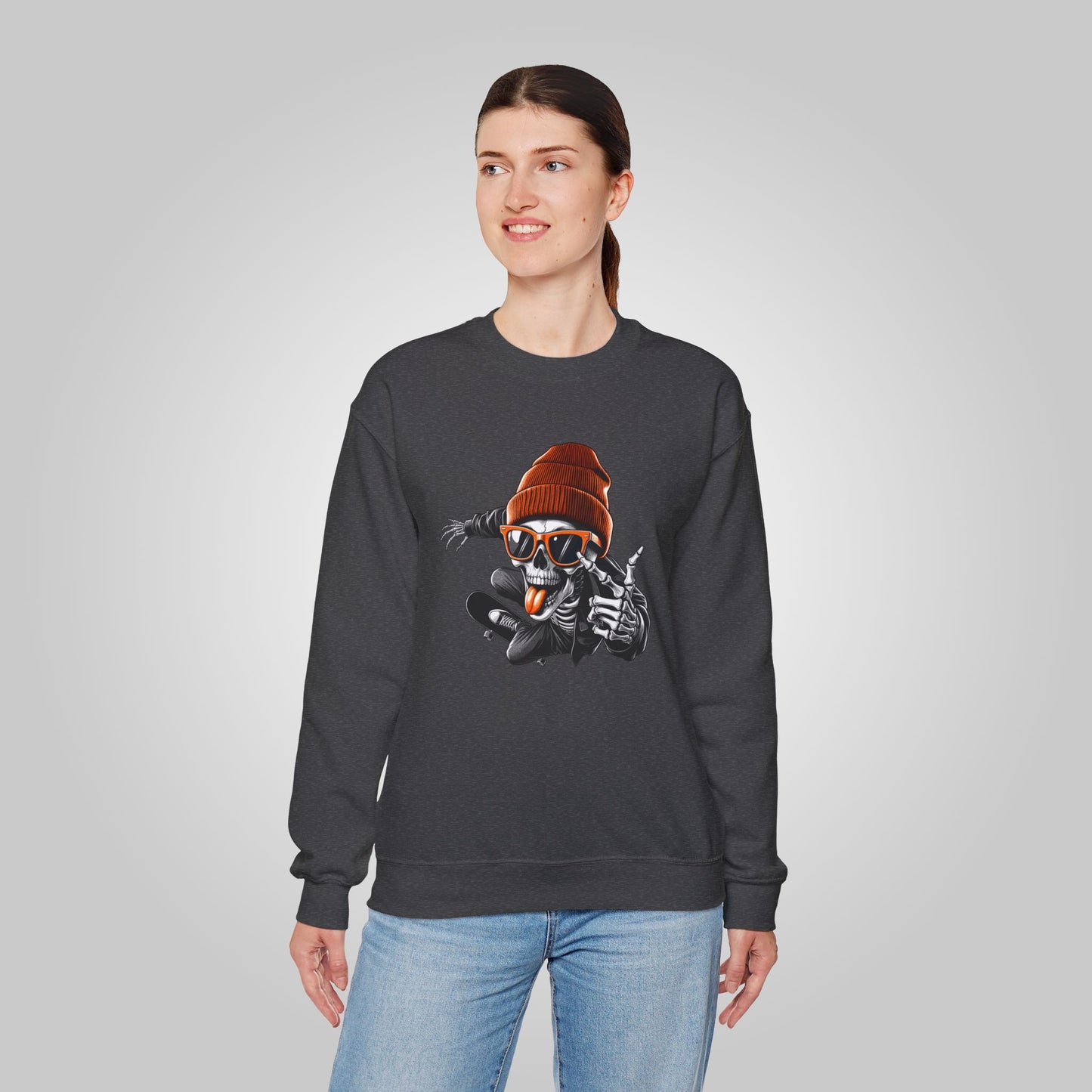 Halloween Skate Bone Unisex Heavy Blend™ Crewneck Sweatshirt, Rollin’ into the Underworld Sweatshirt, Halloween Sweatshirt