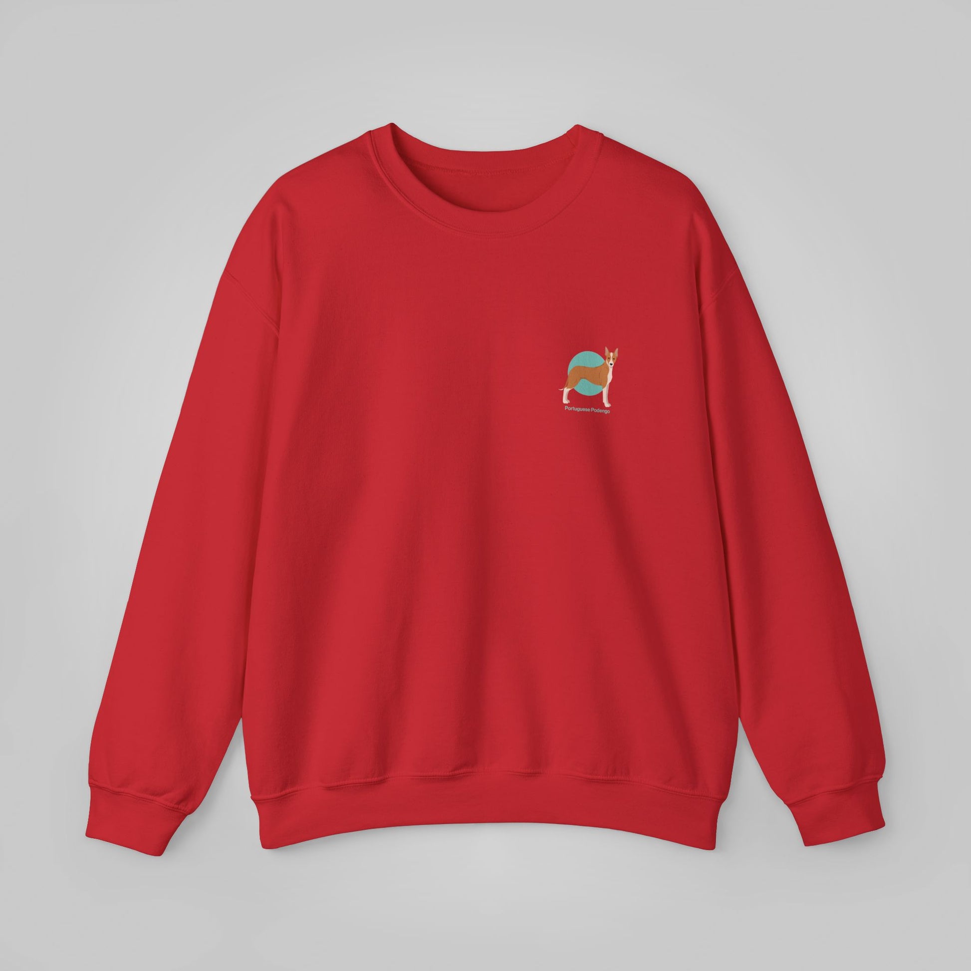 Red crewneck sweatshirt featuring a small embroidered Portuguese Podengo dog design on the chest, unisex fit.