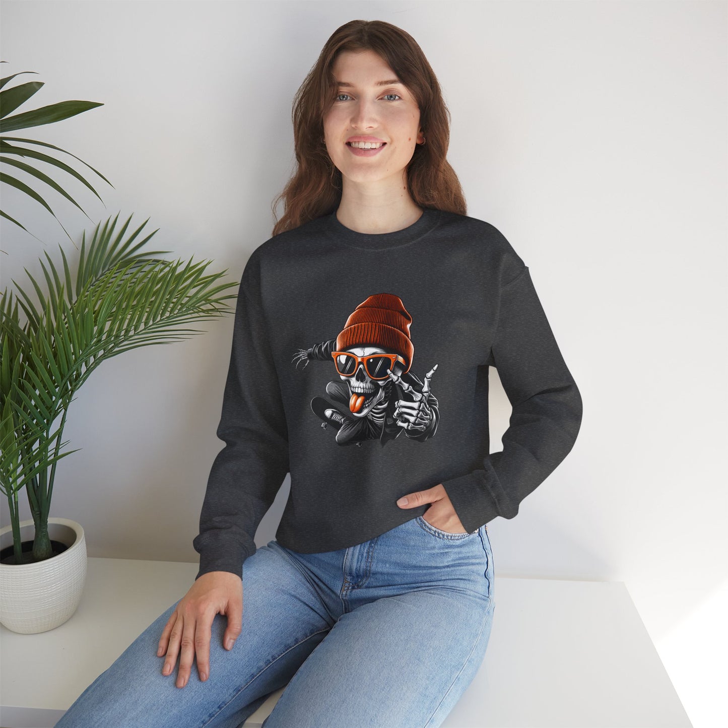 Halloween Skate Bone Unisex Heavy Blend™ Crewneck Sweatshirt, Rollin’ into the Underworld Sweatshirt, Halloween Sweatshirt