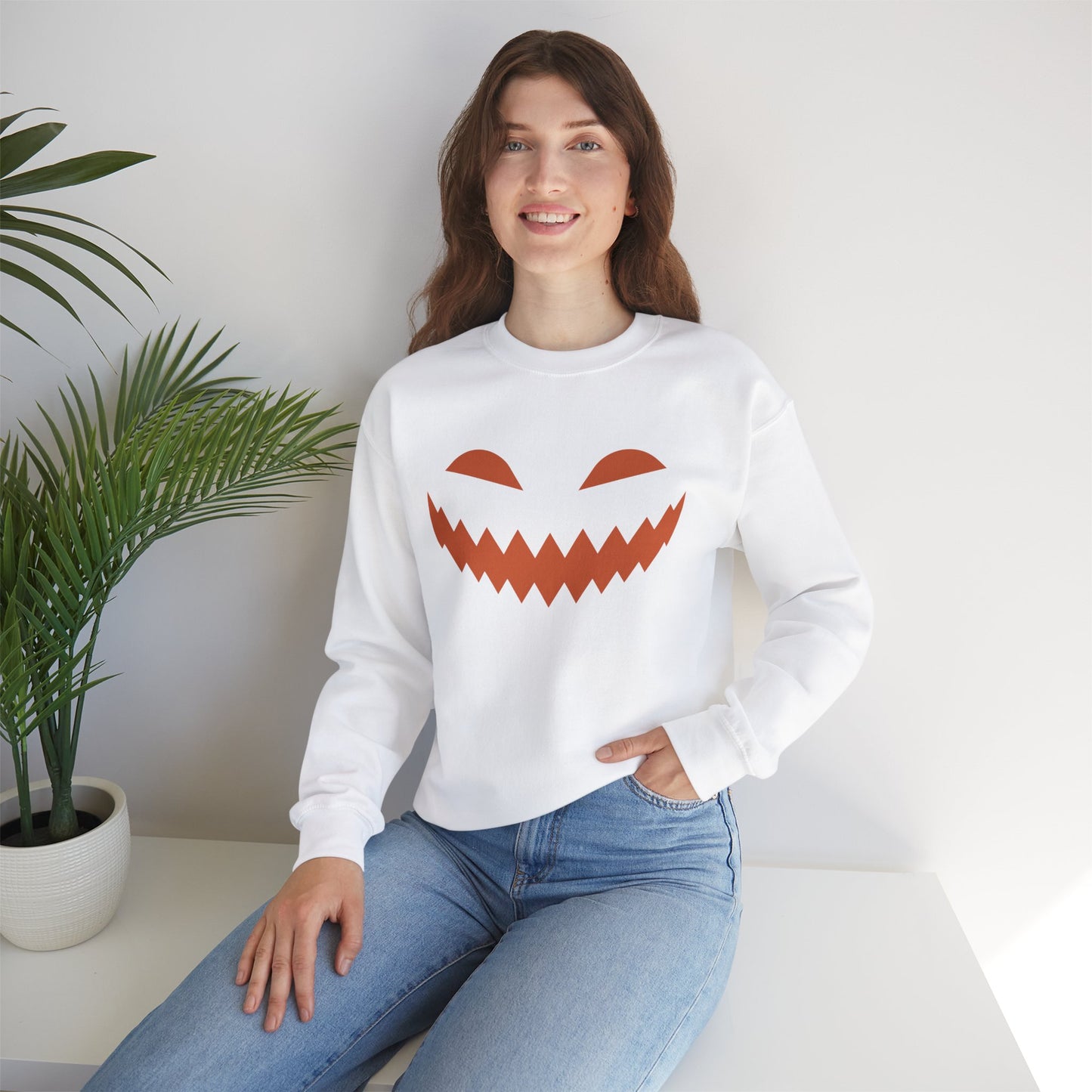 Halloween Pumpkin Smile Unisex Heavy Blend™ Crewneck Sweatshirt, Gourd Glow Spooky Smile Sweatshirt, Halloween Sweatshirt