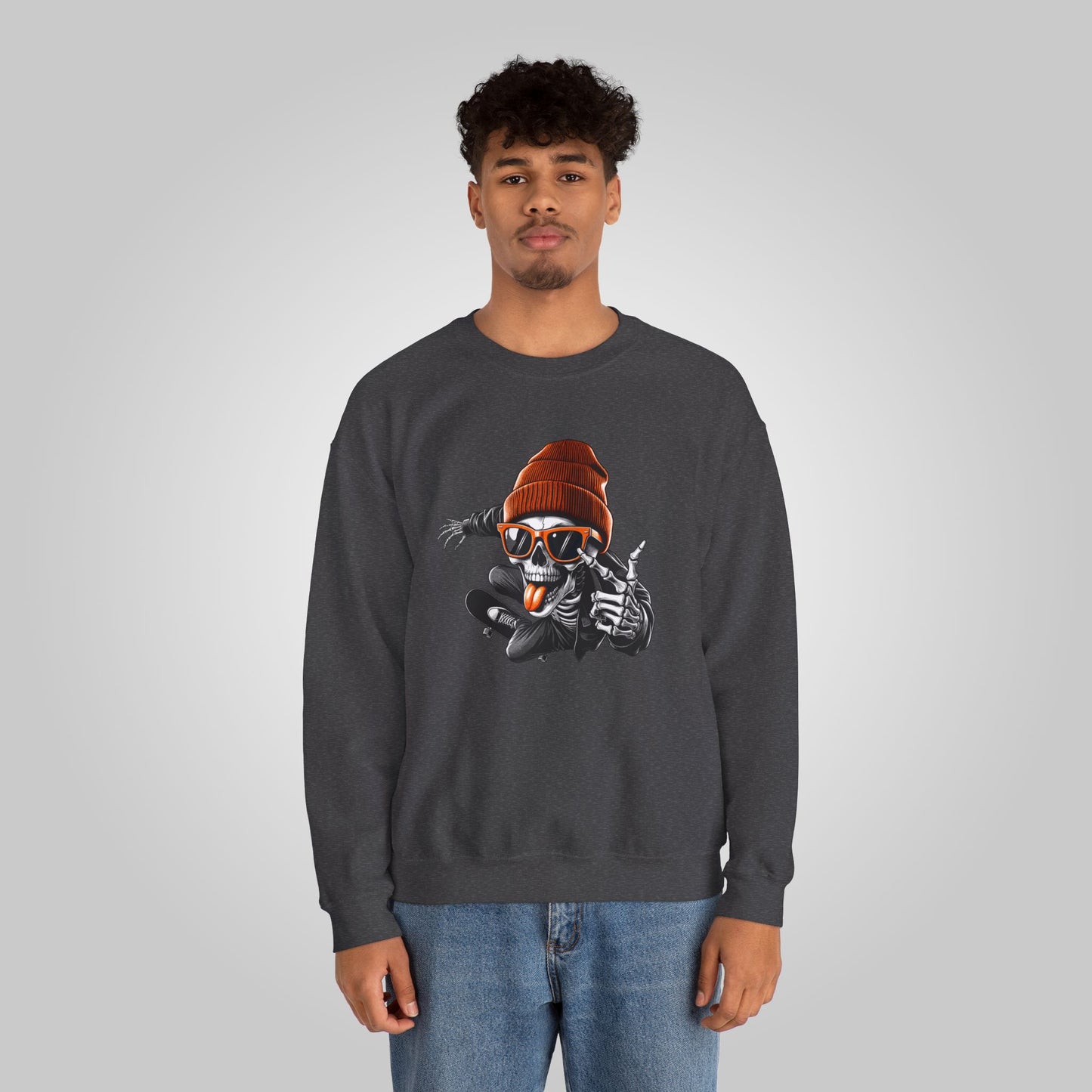 Halloween Skate Bone Unisex Heavy Blend™ Crewneck Sweatshirt, Rollin’ into the Underworld Sweatshirt, Halloween Sweatshirt