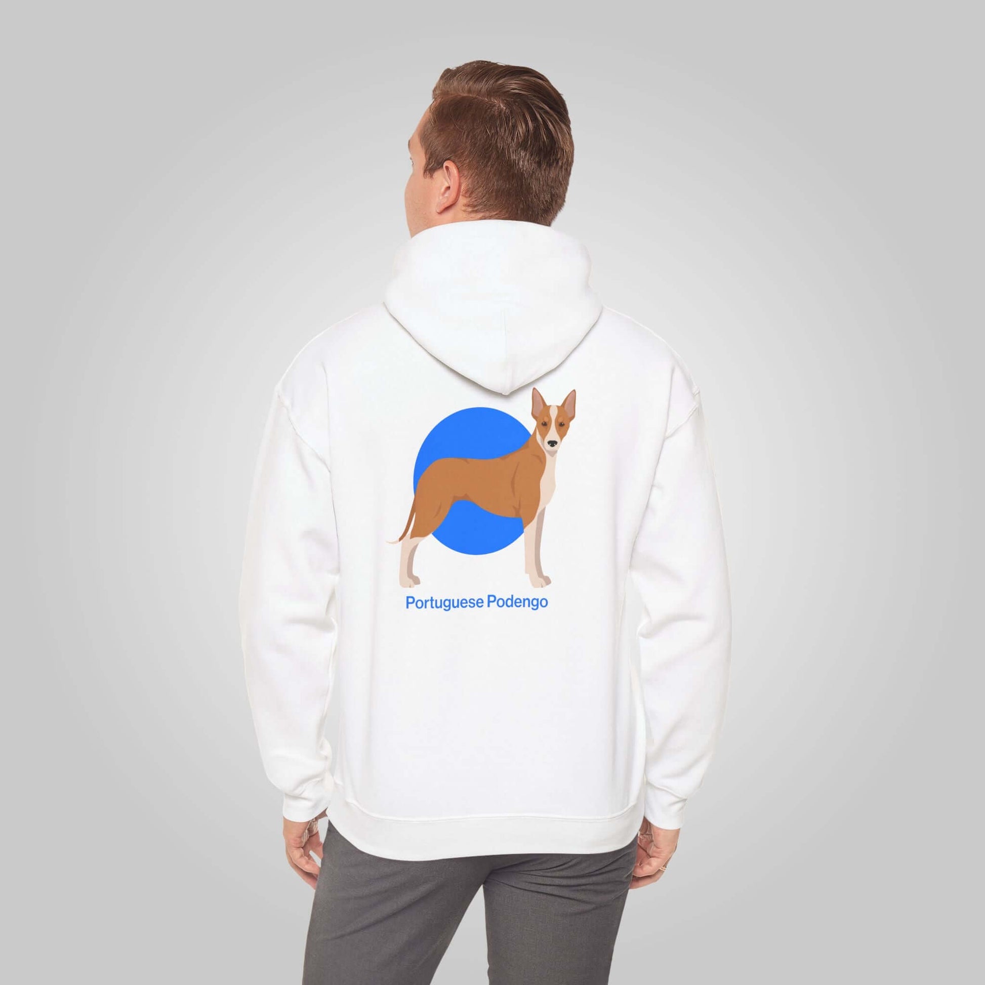 Man wearing white hoodie with Portuguese Podengo graphic and text on the back