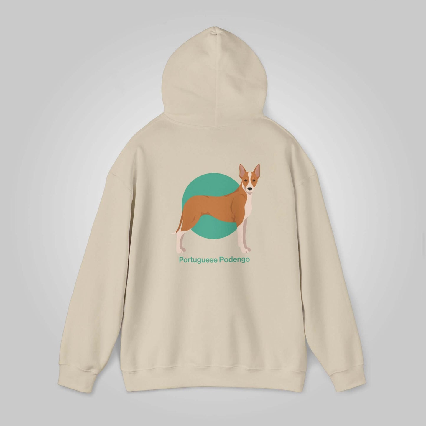 Beige hooded sweatshirt featuring a graphic of a Portuguese Podengo dog, with text "Portuguese Podengo" on the back.