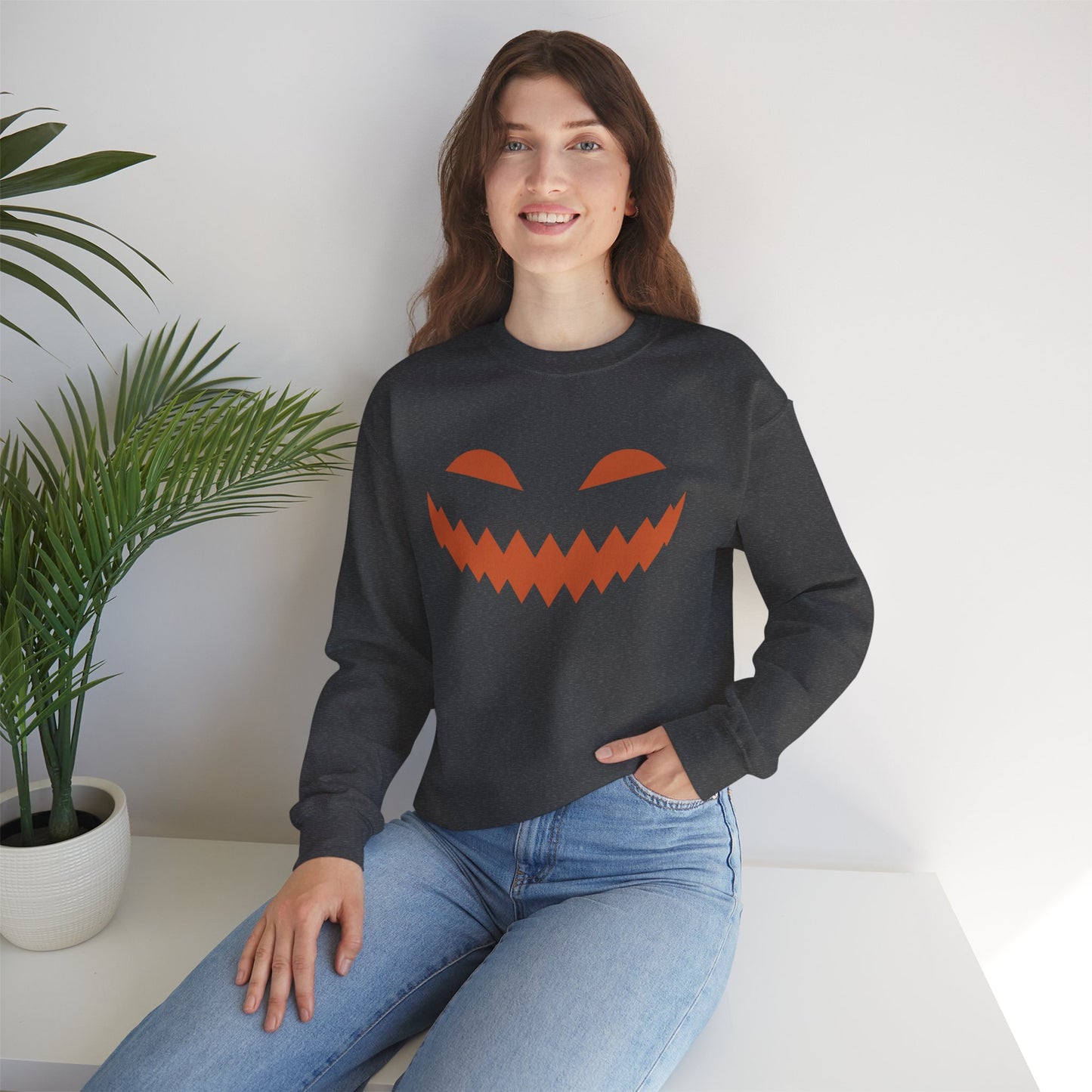 Halloween Pumpkin Smile Unisex Heavy Blend™ Crewneck Sweatshirt, Gourd Glow Spooky Smile Sweatshirt, Halloween Sweatshirt