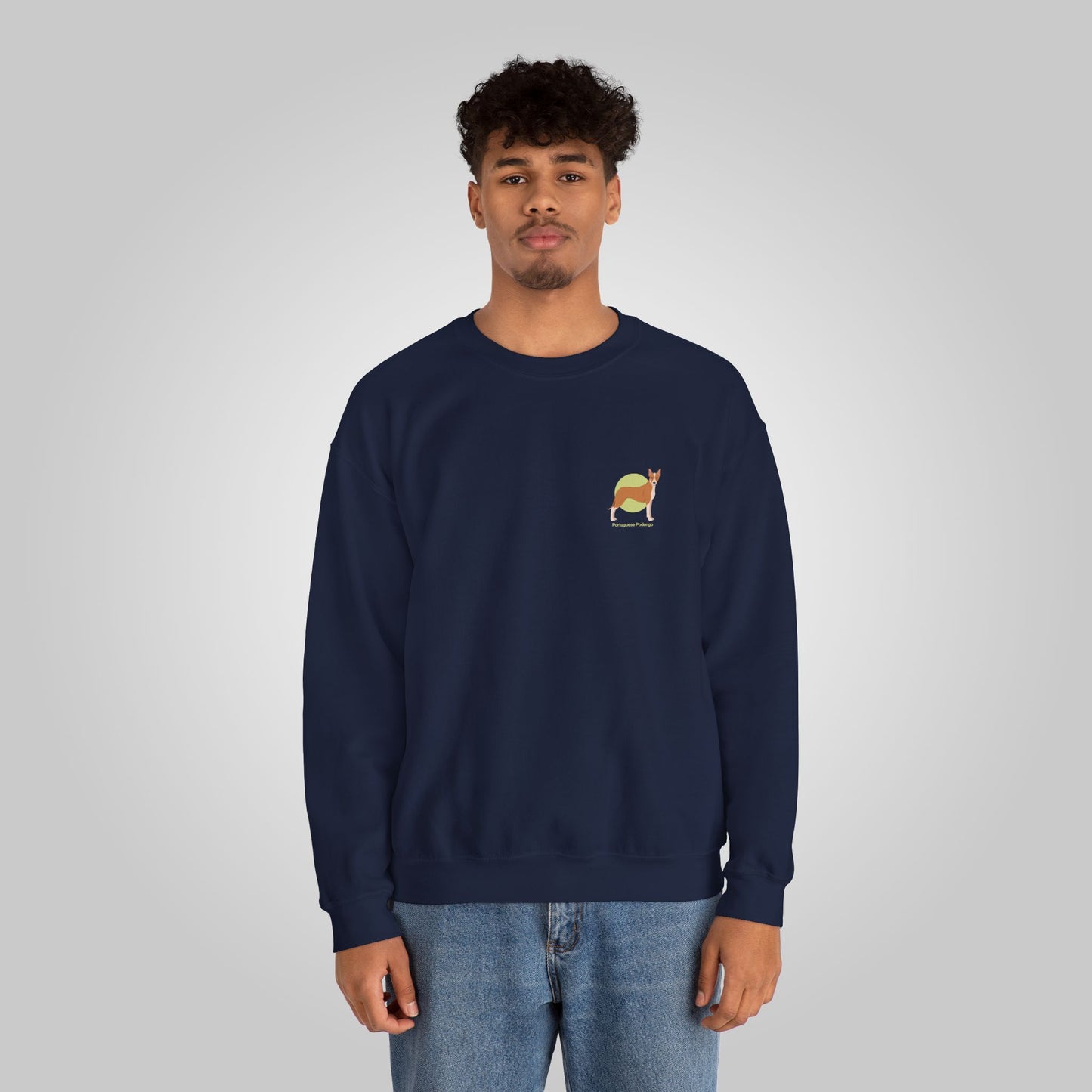 Man wearing Portuguese Podengo dog crewneck sweatshirt, navy blue, casual style