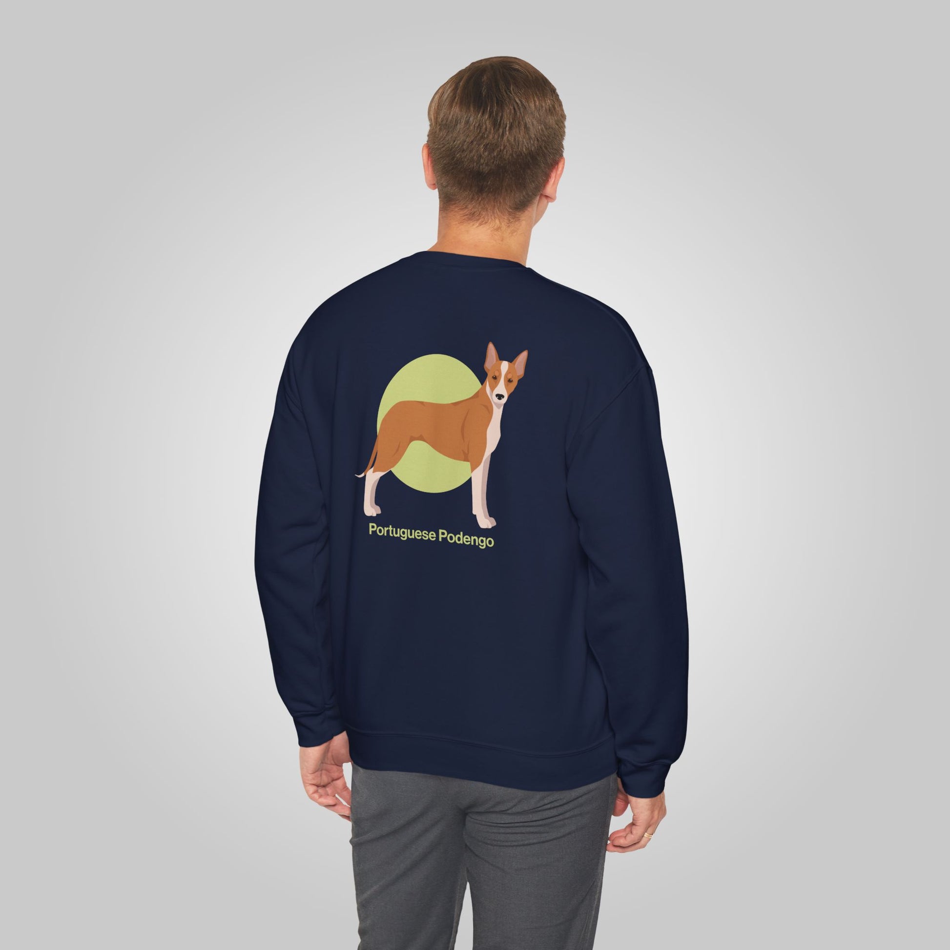 Man wearing a Portuguese Podengo crewneck sweatshirt with dog graphic on the back