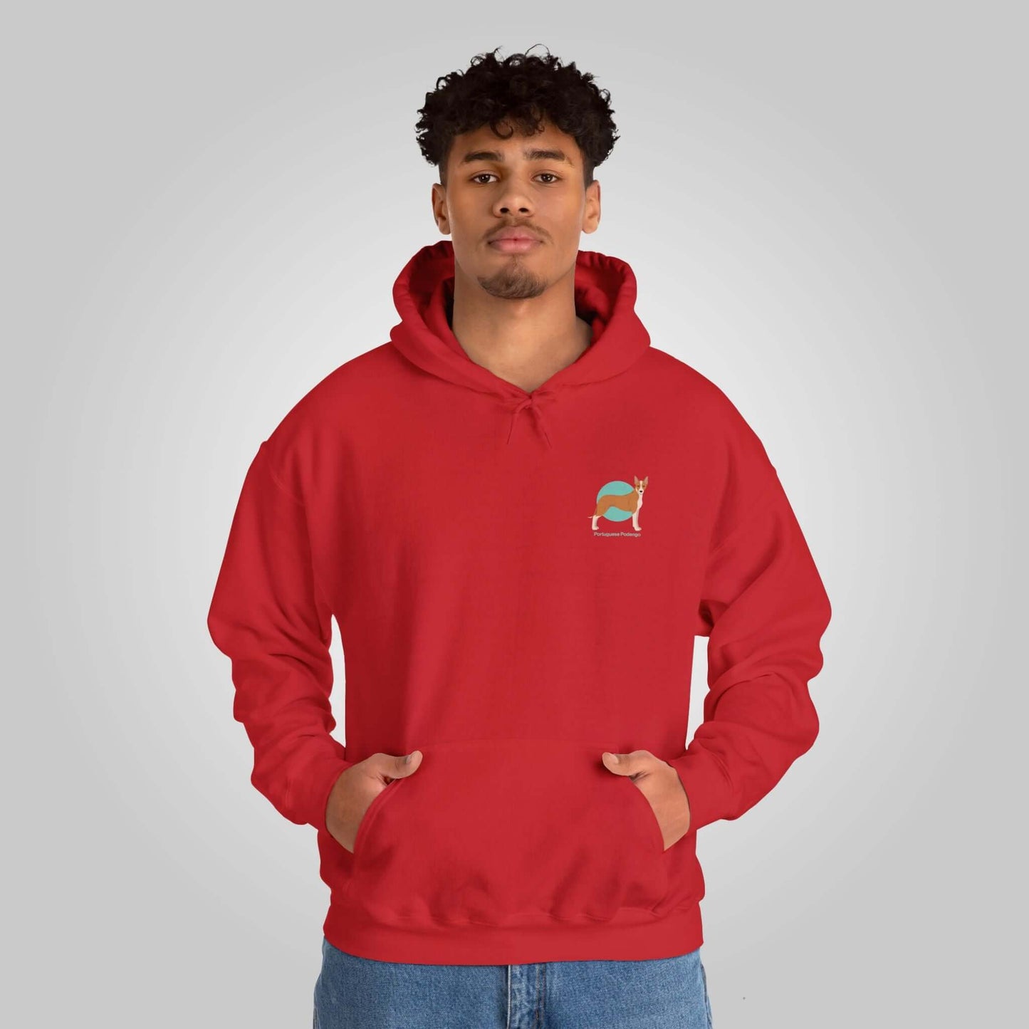 Man wearing red Portuguese Podengo dog hoodie, showcasing small colorful Podengo graphic on front