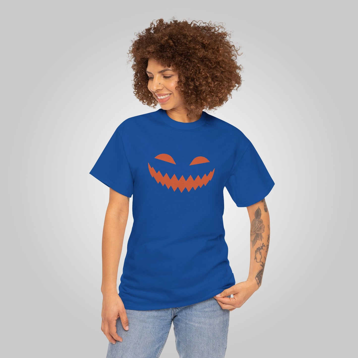 Halloween Pumpkin Smile Unisex Heavy Cotton Tee, Gourd Glow Spooky Smile T-Shirt, Halloween Tee