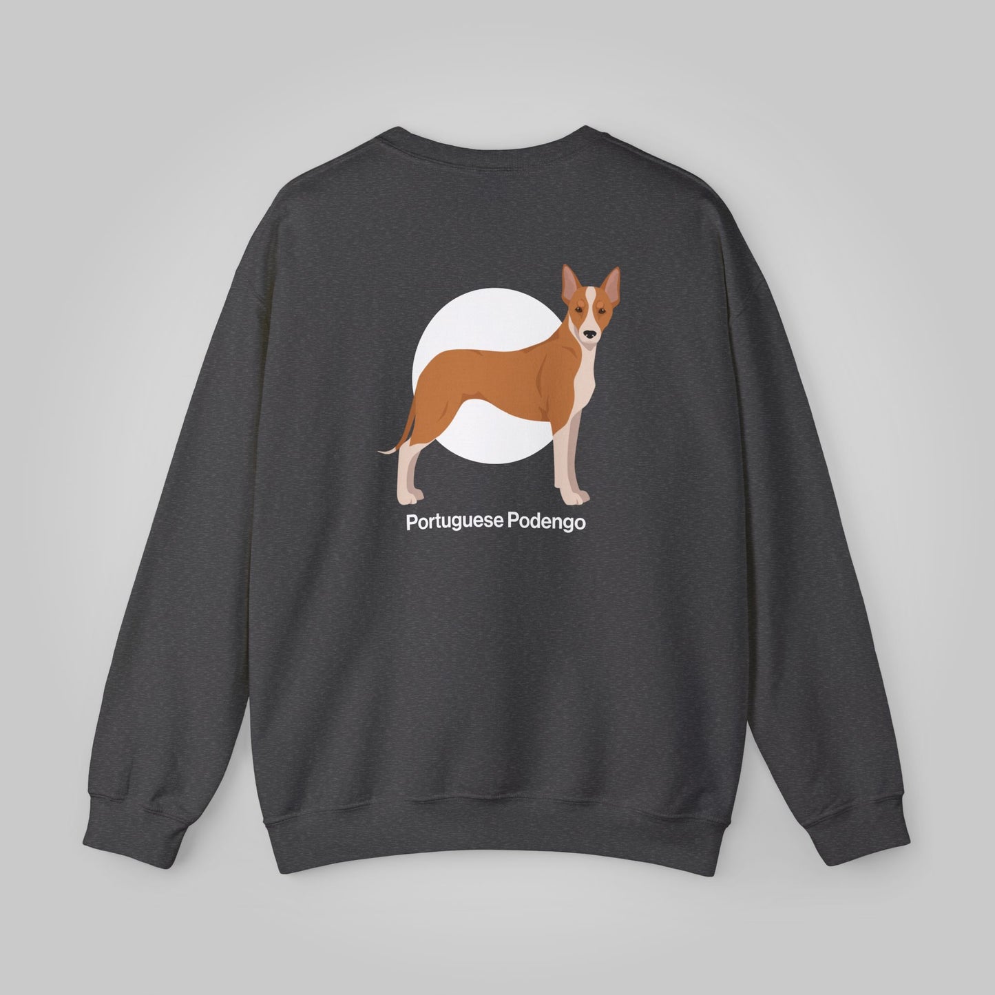 Back view of a unisex Portuguese Podengo dog sweatshirt in dark gray featuring a graphic of the dog on the back.