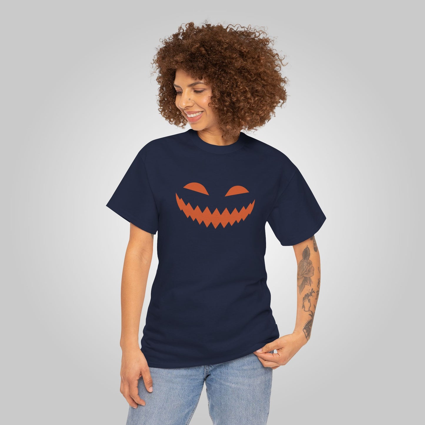 Halloween Pumpkin Smile Unisex Heavy Cotton Tee, Gourd Glow Spooky Smile T-Shirt, Halloween Tee