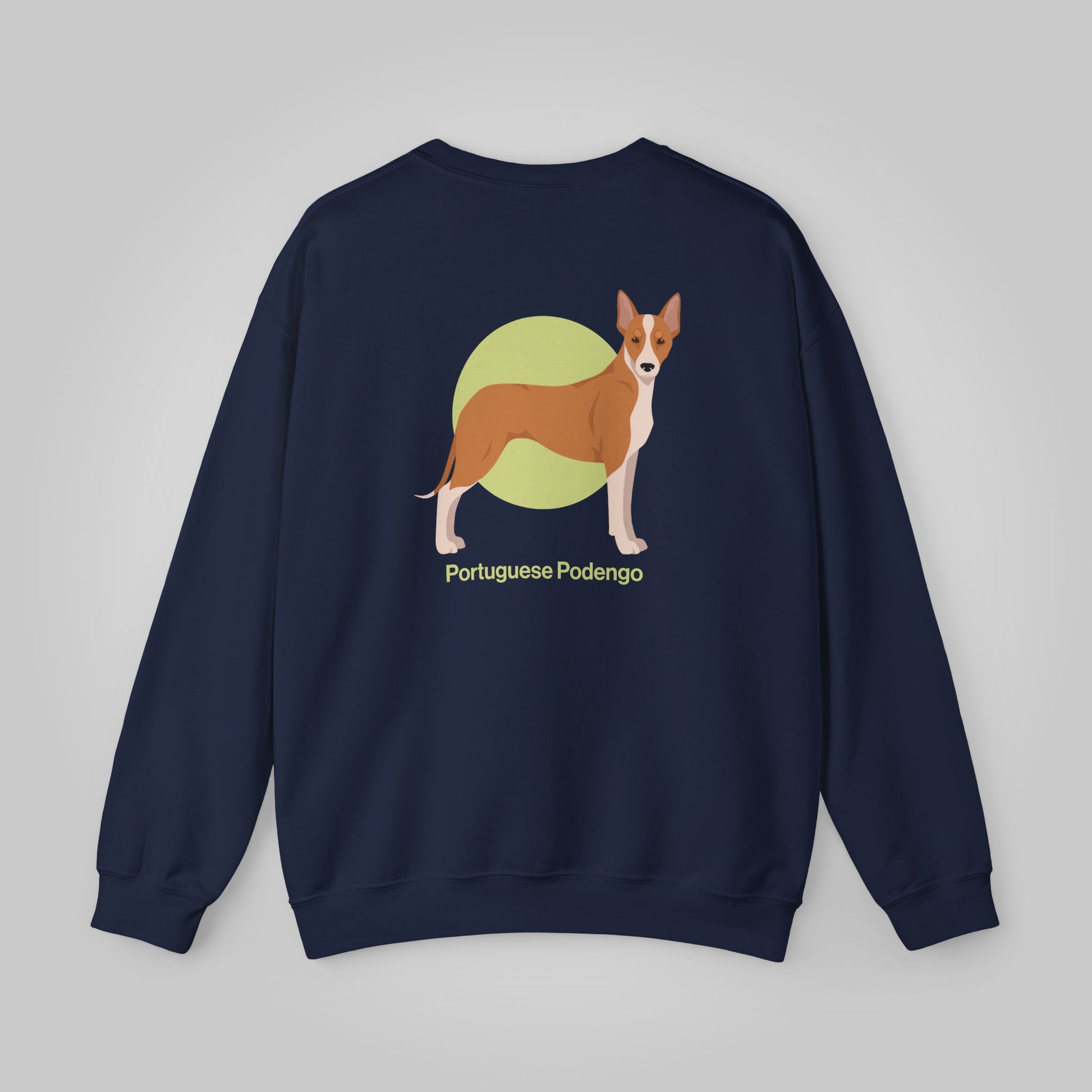 Navy crewneck sweatshirt featuring a graphic of a Portuguese Podengo, labeled with breed name.