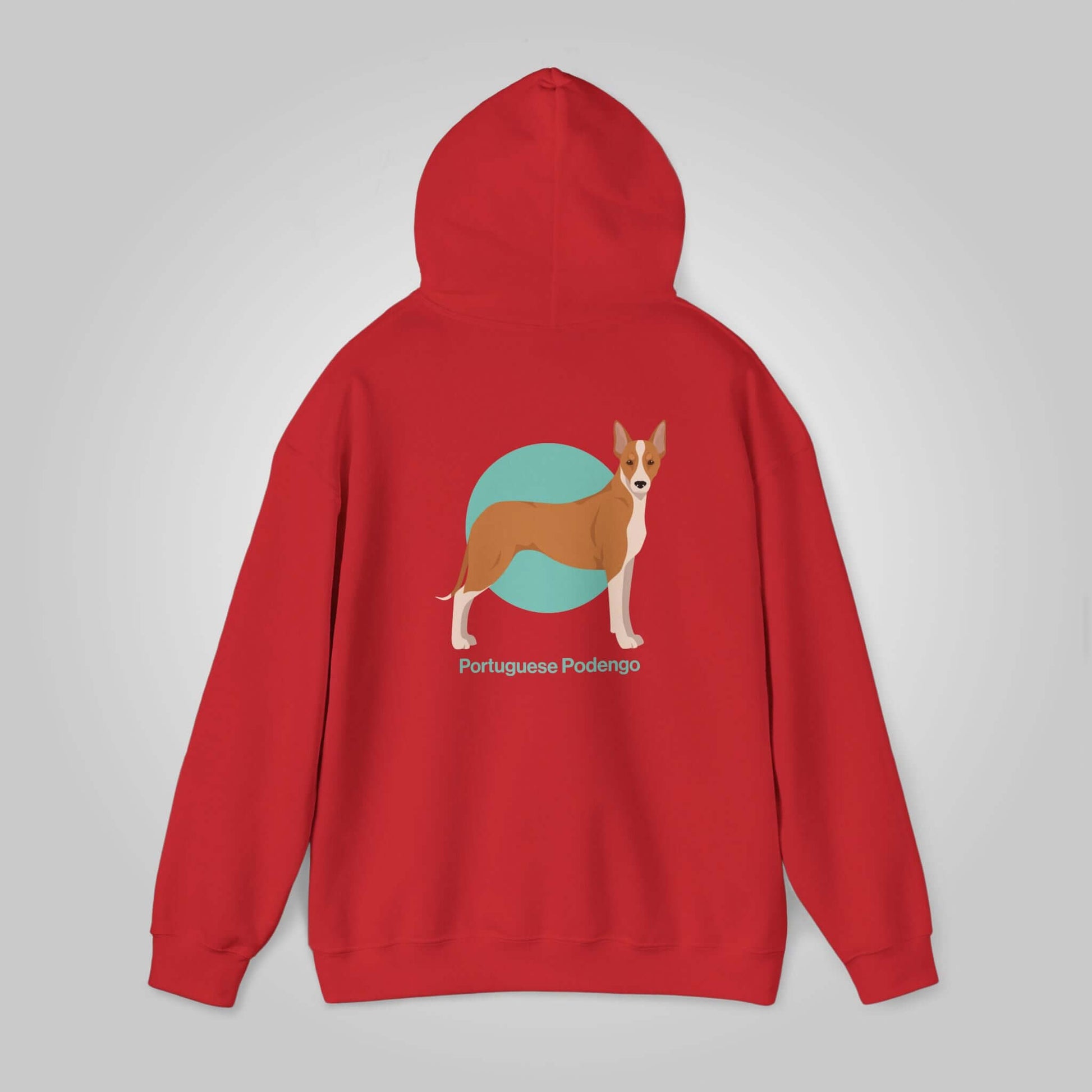 Red Portuguese Podengo hooded sweatshirt with a graphic of a dog on the back, ideal for dog lovers.