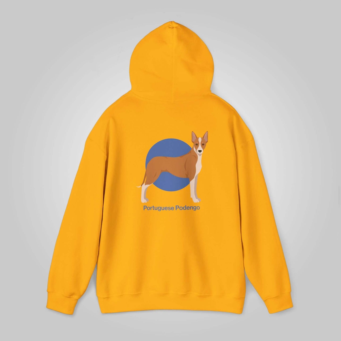 Yellow hooded sweatshirt featuring a graphic of a Portuguese Podengo dog on the back, aimed at dog lovers.