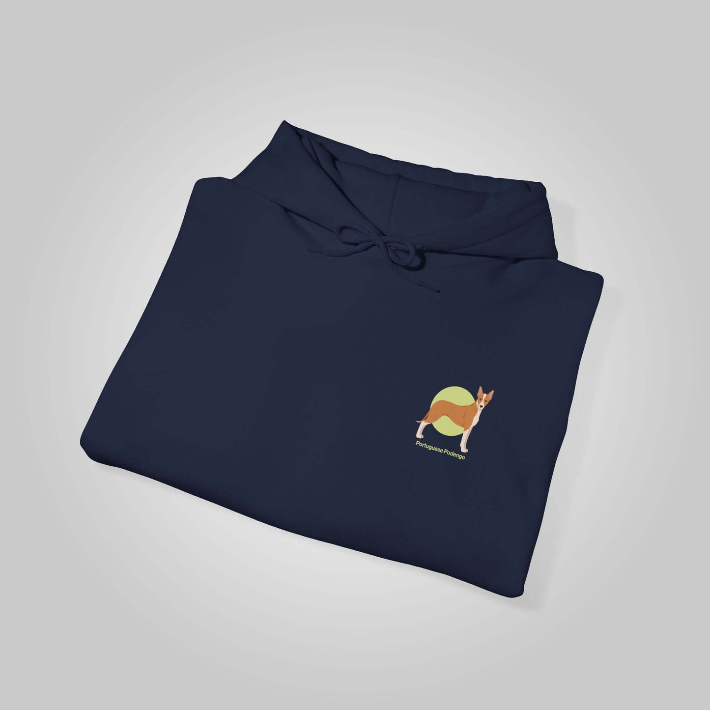 Dark blue Portuguese Podengo hooded sweatshirt featuring a small, colorful graphic of a Portuguese Podengo on the front.