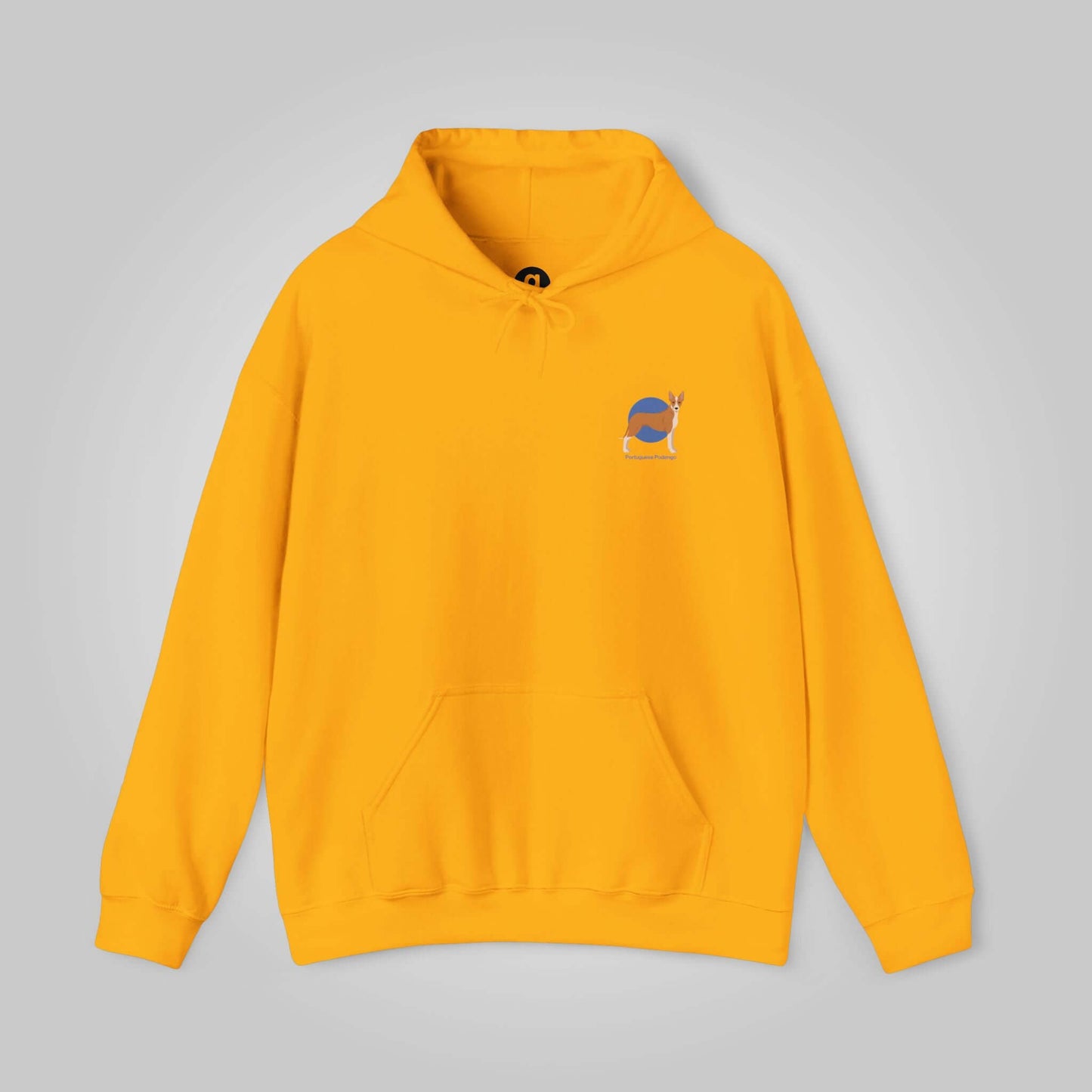 Yellow Portuguese Podengo hooded sweatshirt with dog logo on front, unisex heavy blend fabric for comfort and style