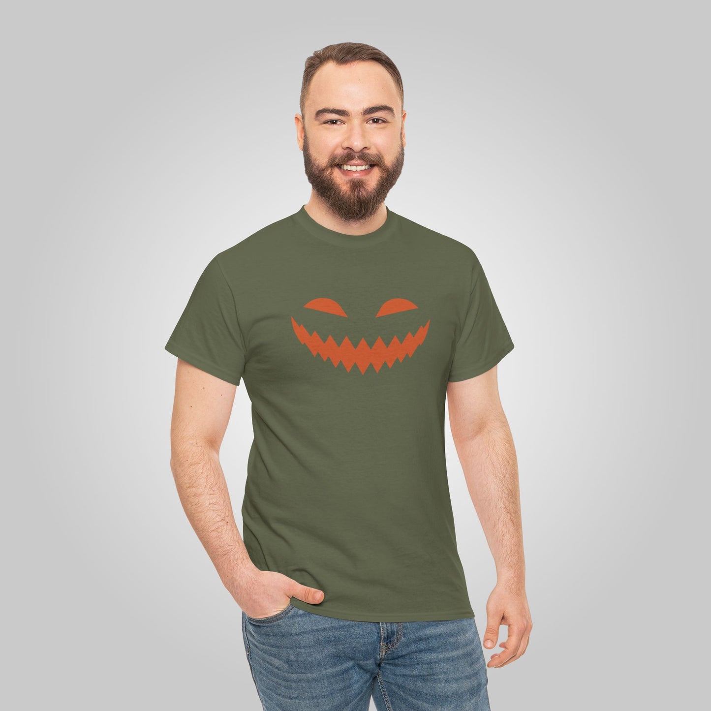 Halloween Pumpkin Smile Unisex Heavy Cotton Tee, Gourd Glow Spooky Smile T-Shirt, Halloween Tee