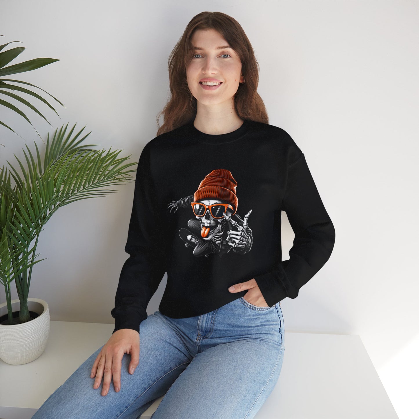 Halloween Skate Bone Unisex Heavy Blend™ Crewneck Sweatshirt, Rollin’ into the Underworld Sweatshirt, Halloween Sweatshirt