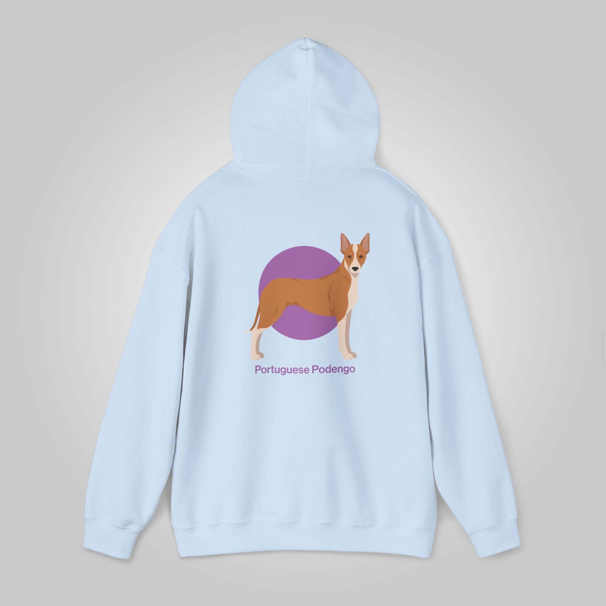 Light blue unisex hooded sweatshirt featuring a graphic of a Portuguese Podengo dog on the back.